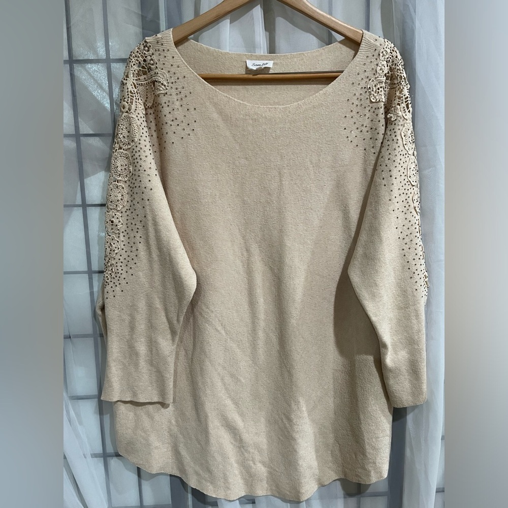 SIREN LILY Beige Embellished RHINESTONES LACE SHOULDER Sleeve TOP SIZE 3X